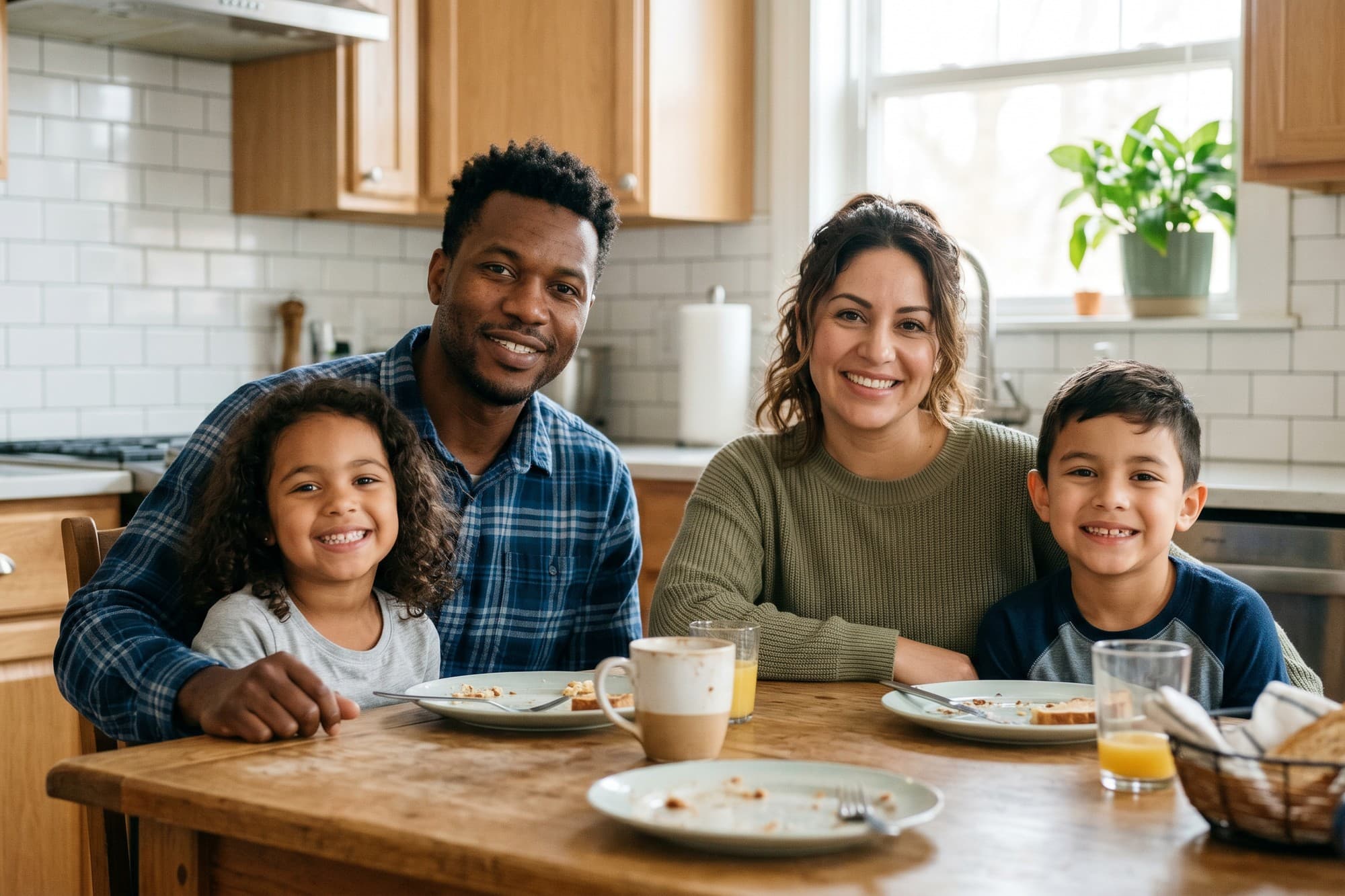 A multigenerational family at home, evening light